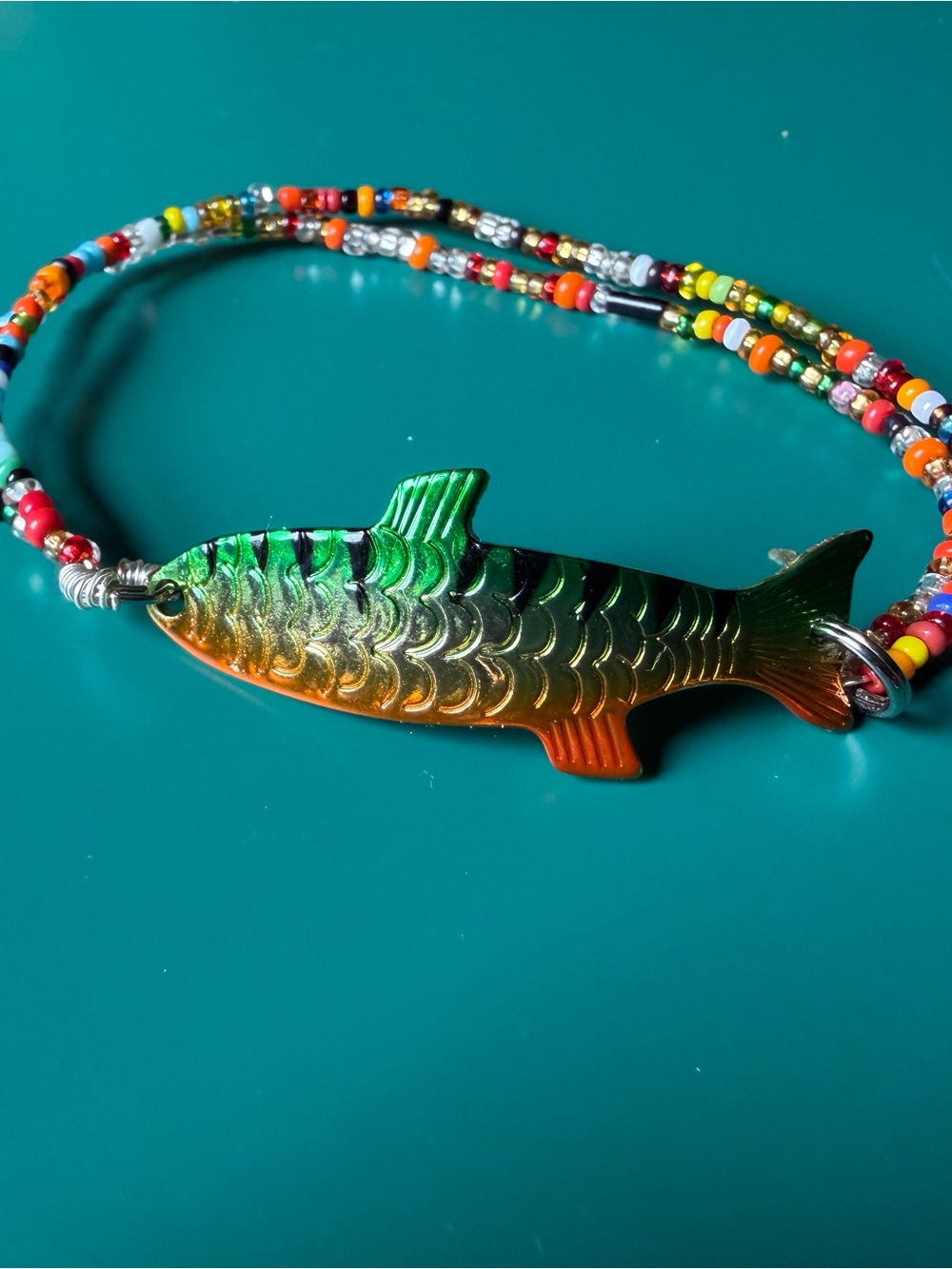 Beaded Fish Pendant bracelet in Green and Orange - handmade